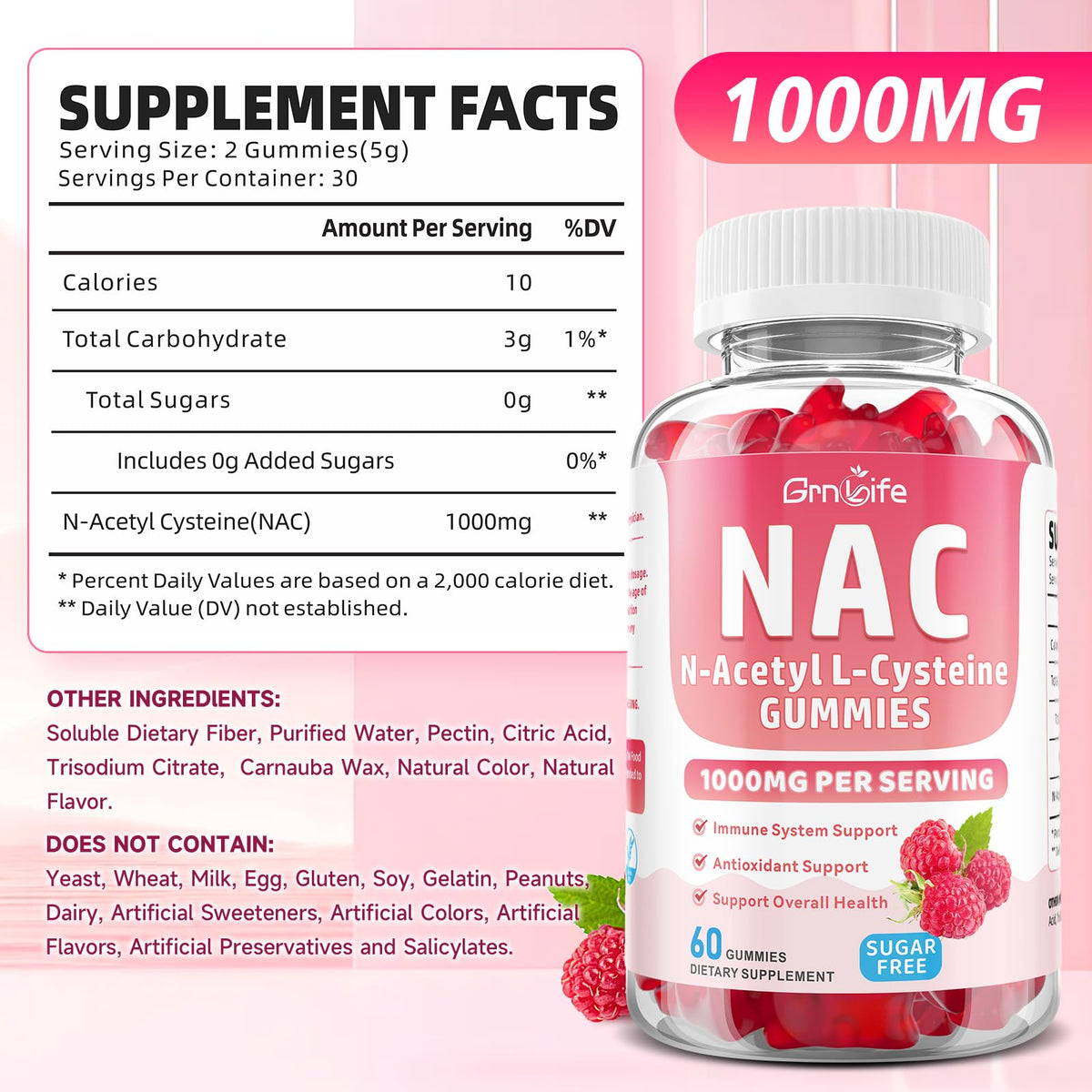 Gummies NAC GrnLife avec texture agréable et goût framboise