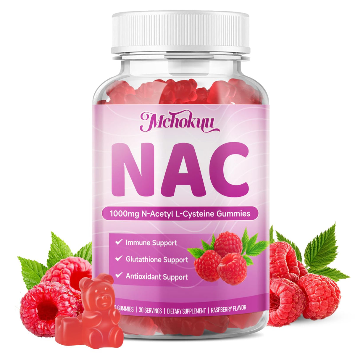 Gummies NAC Mchokuu 1000mg avec des ingrédients visibles