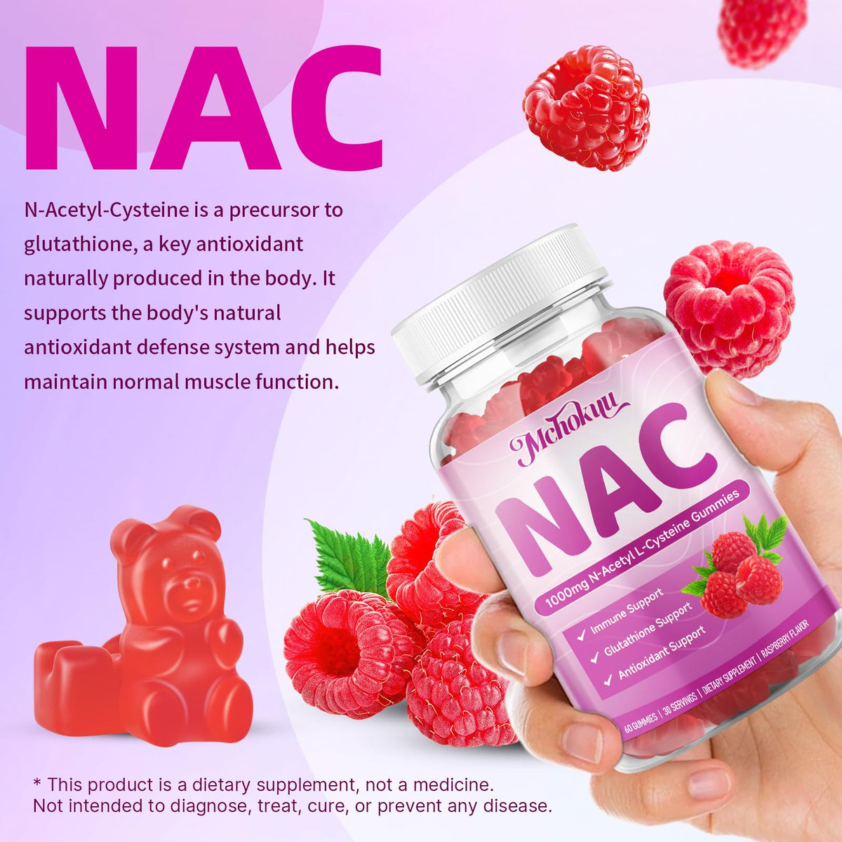 Gummies NAC Mchokuu 1000mg avec un fond coloré