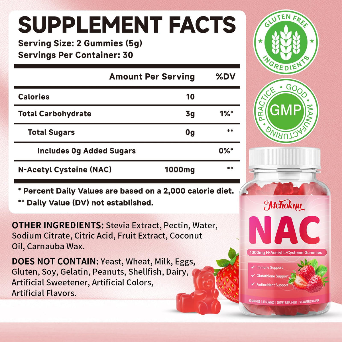 Gummies NAC Mchokuu 1000mg saveur fraise sur fond blanc