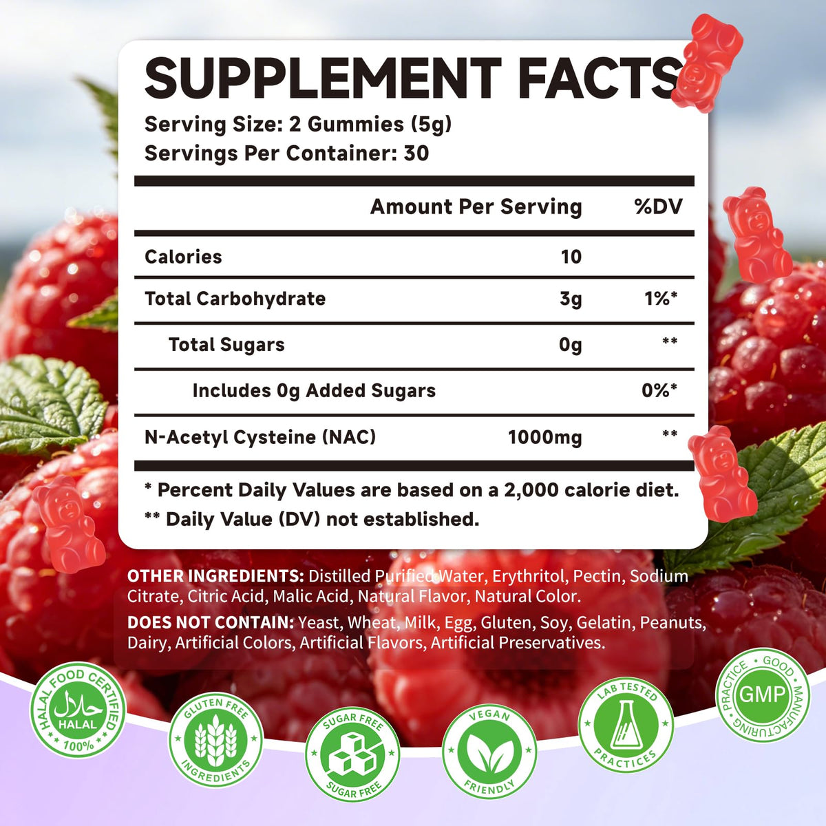 Gummies NAC Mchokuu 1000mg sur une table avec des fruits