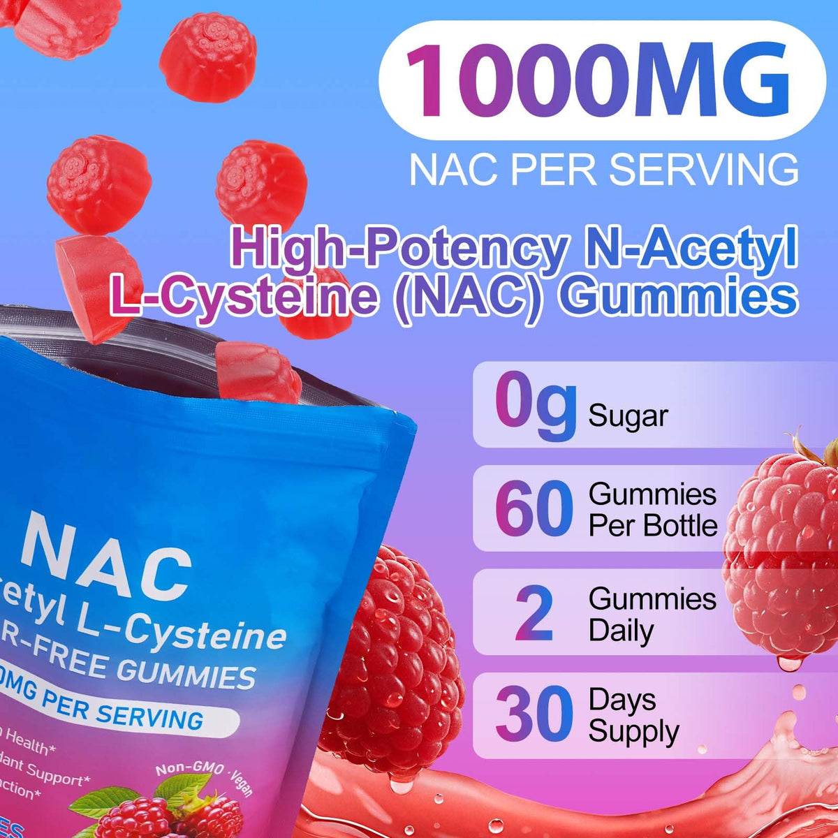 Gummies NAC Ruduwu 1000mg, vue de côté avec dosage