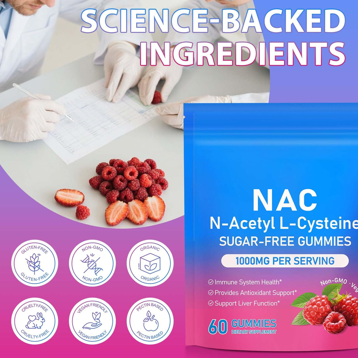 Gummies NAC Ruduwu sur une table avec fruits