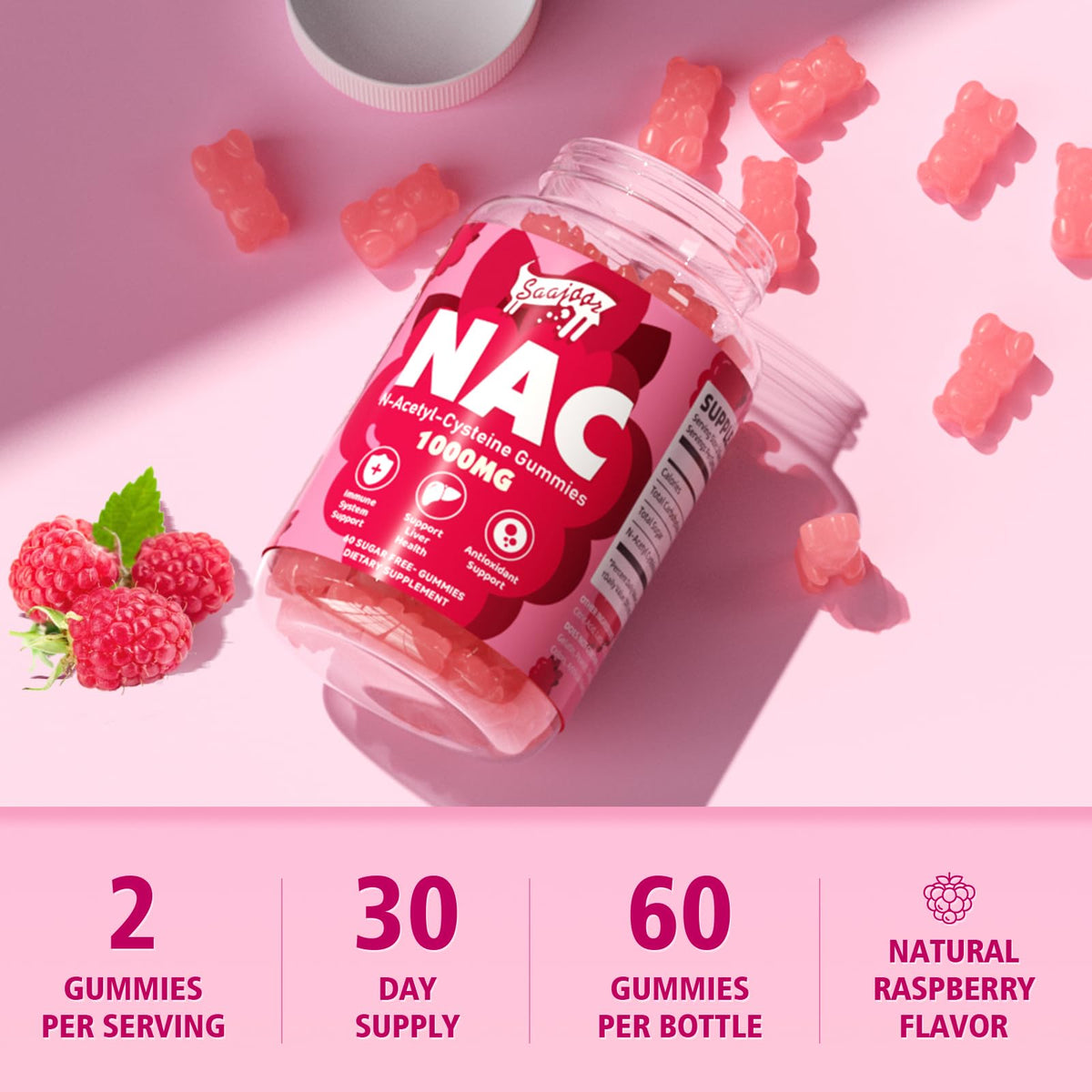 Gummies NAC Saajoor 1000mg sans sucre, goût framboise