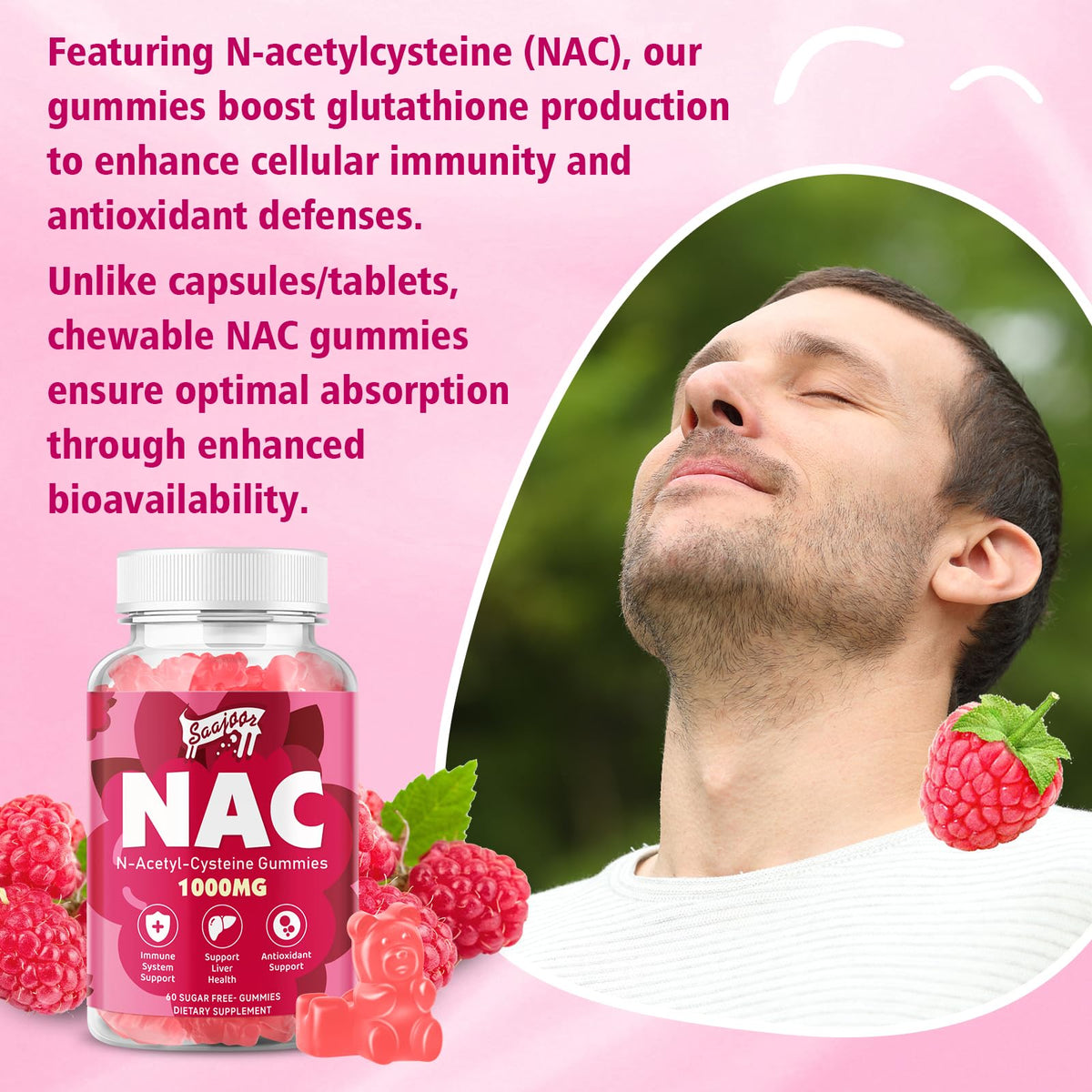 Gummies NAC Saajoor 1000mg sans sucre, présentation sur une table