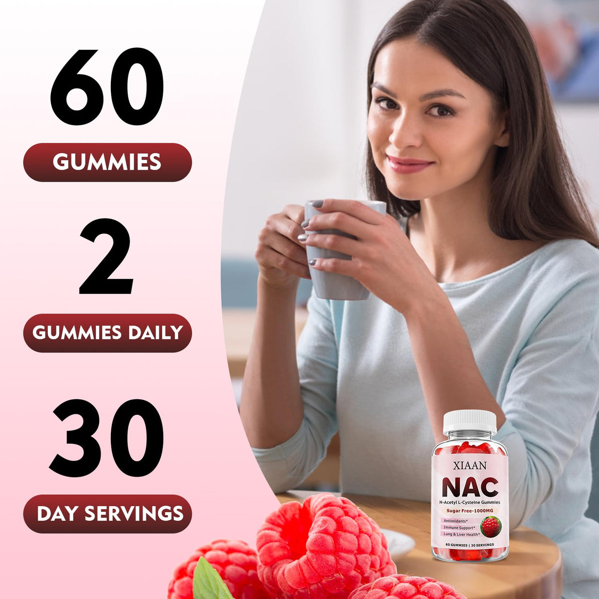 Gummies NAC XIAAN 1000mg framboise, étiquette du produit