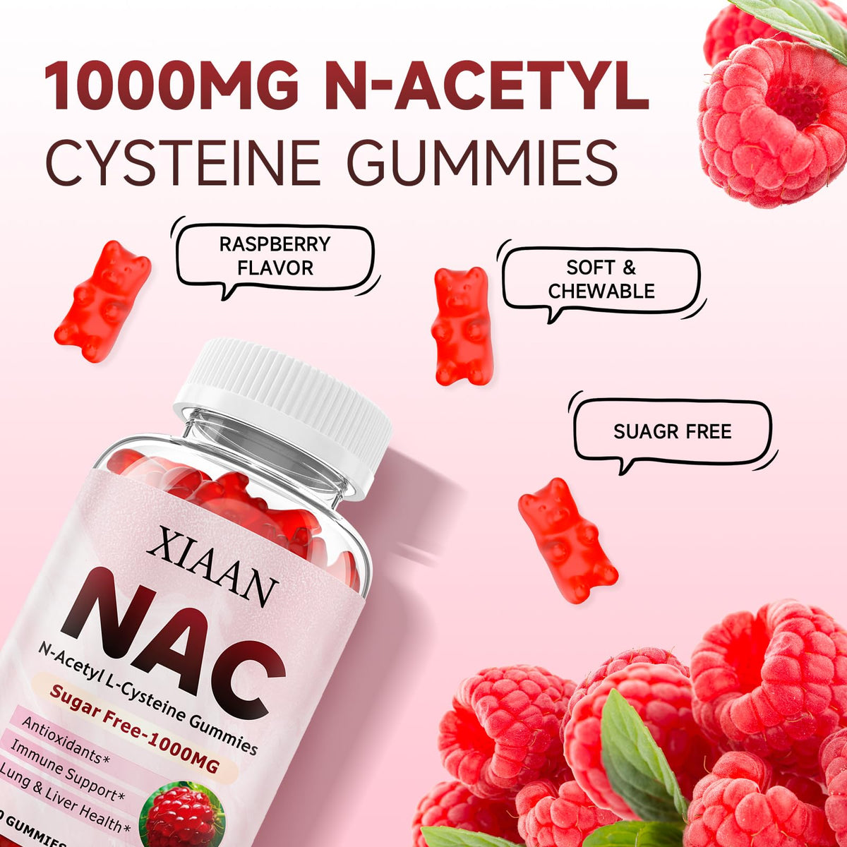 Gummies NAC XIAAN 1000mg framboise, ingrédients naturels