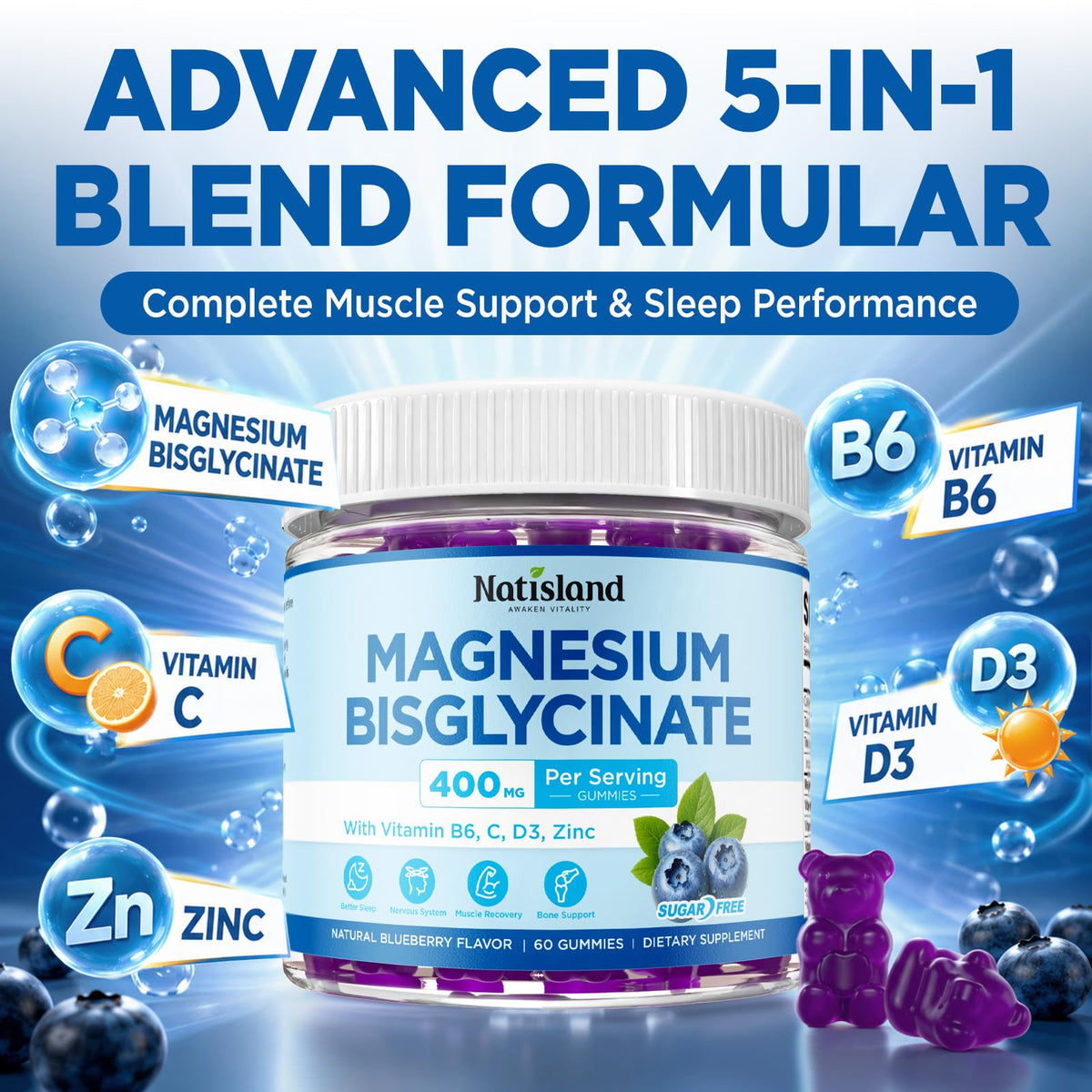 Gummies NATISLAND de Magnésium Bisglycinate avec myrtille