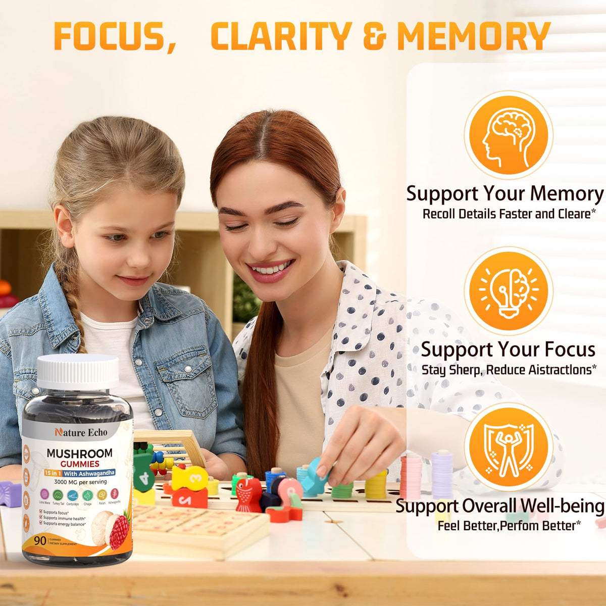 Gummies Nature Echo 15 en 1 avec une vue d'ensemble des ingrédients
