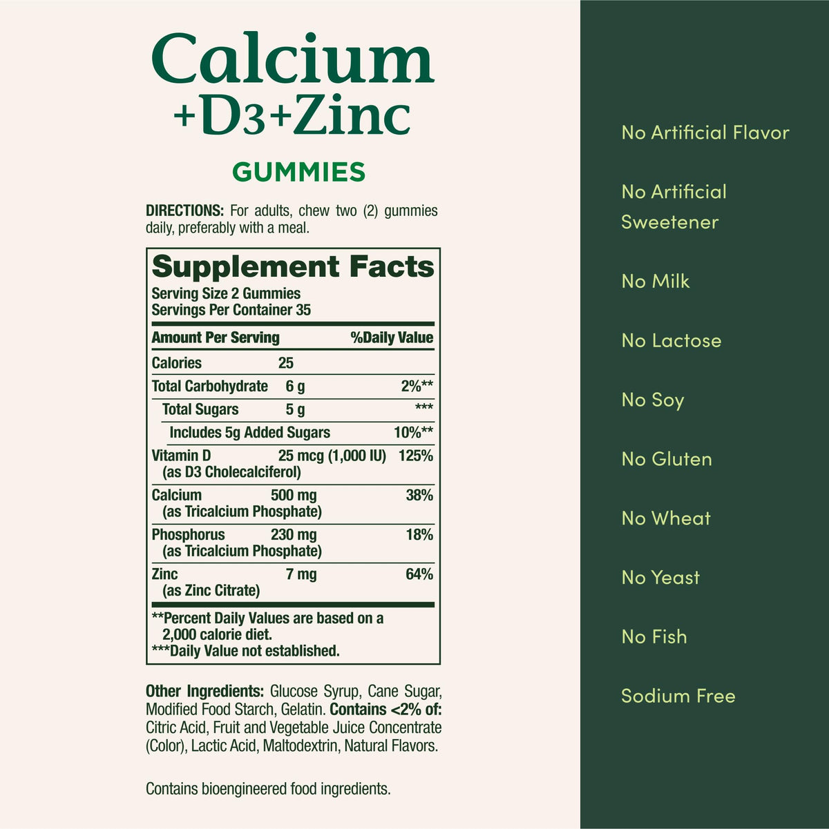 Gummies Nature's Bounty Calcium + D3 + Zinc, arrière de la bouteille