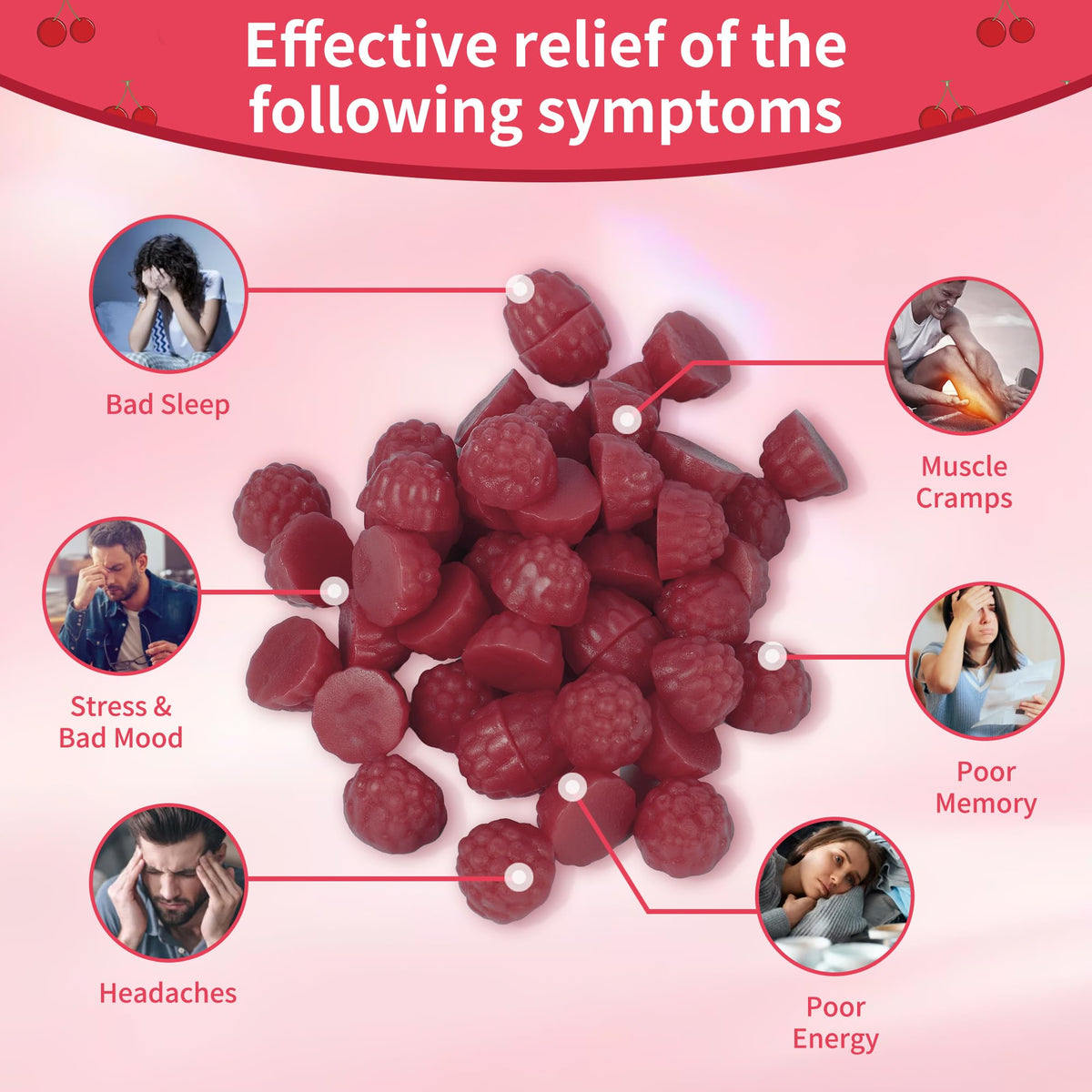 Gummies Natures Aid cerise avec une main tenant la bouteille