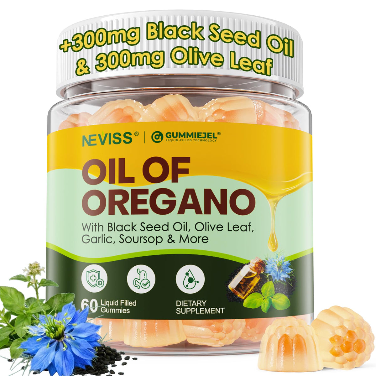 Gummies NEVISS à l'Huile d'Origan et Huile de Graines Noires, vue de face