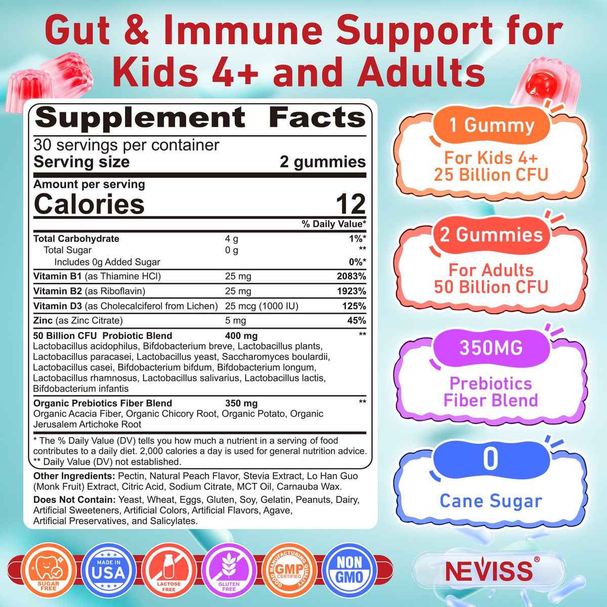 Gummies NEVISS avec saveur pêche, présentation en gros plan