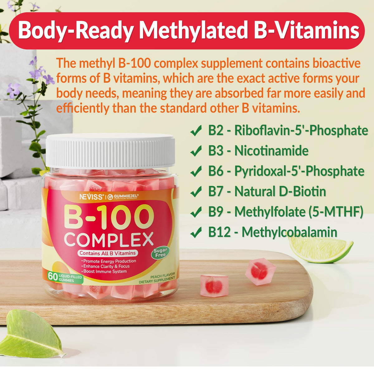 Gummies NEVISS avec un aperçu des vitamines B