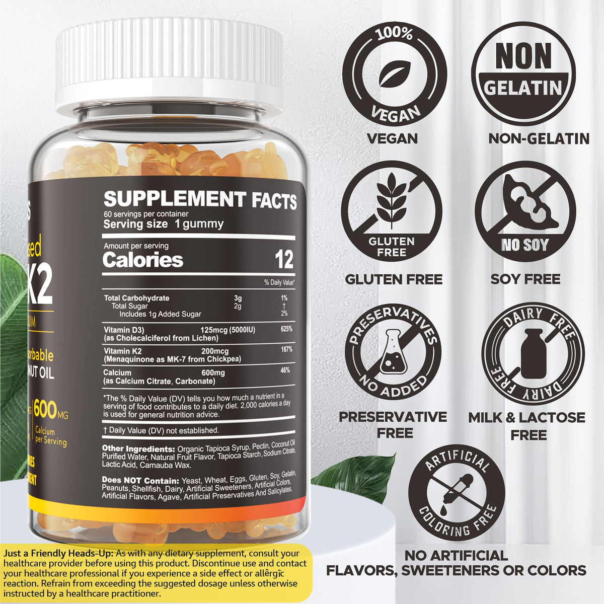 Gummies NEVISS D3 K2 5000 IU avec étiquette et ingrédients