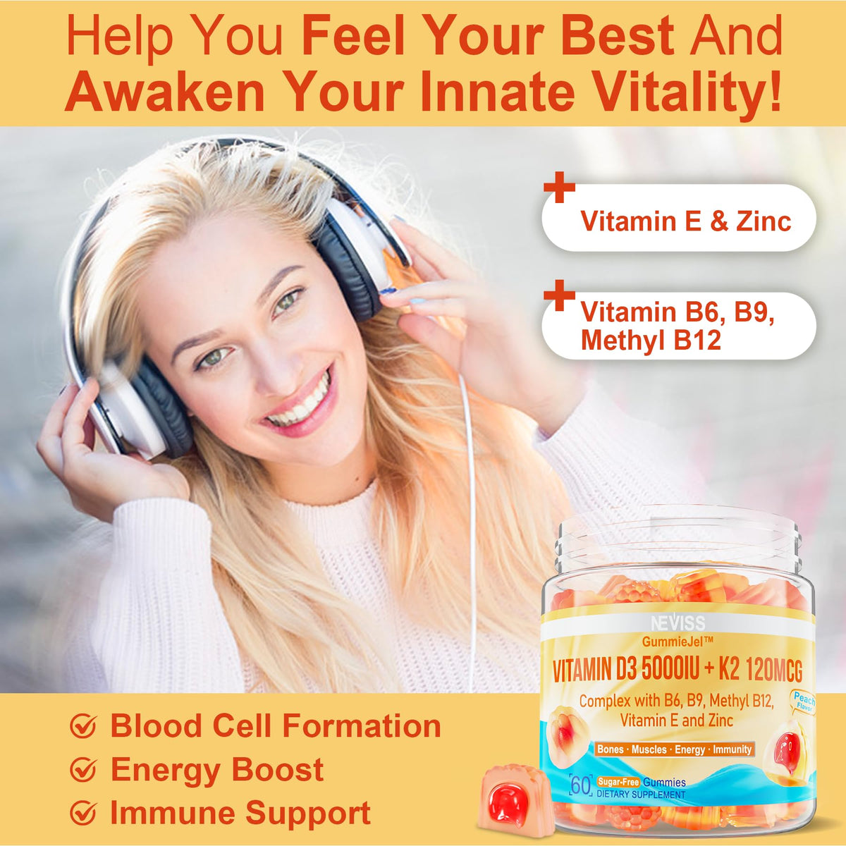 Gummies NEVISS D3 + K2 avec étiquette nutritionnelle