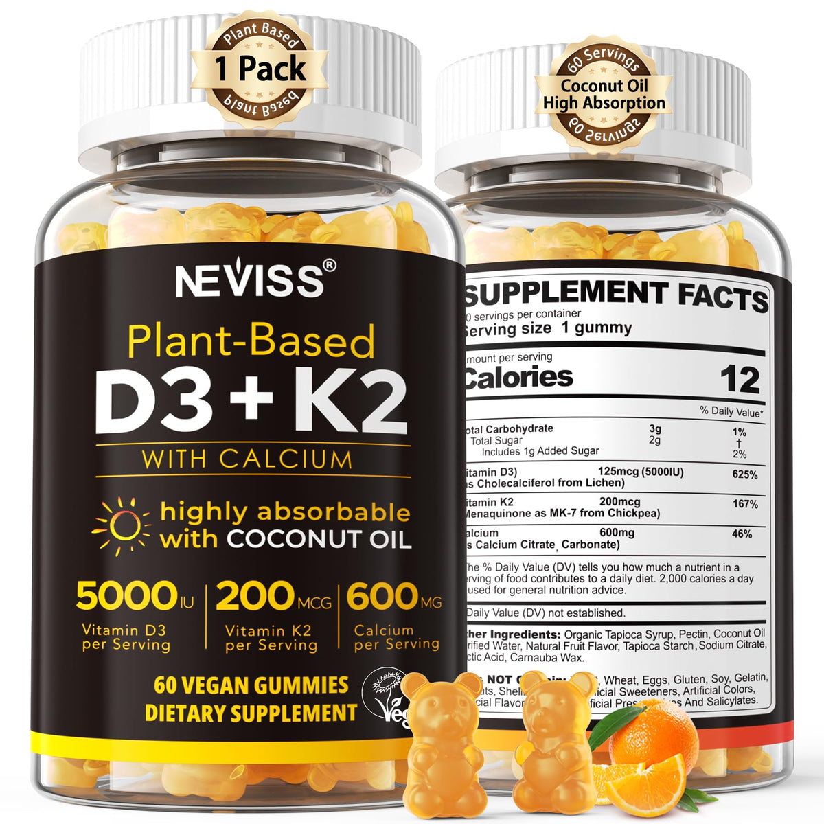 Gummies NEVISS D3 K2 Calcium 5000 IU 200 mcg 600 mg vue de face