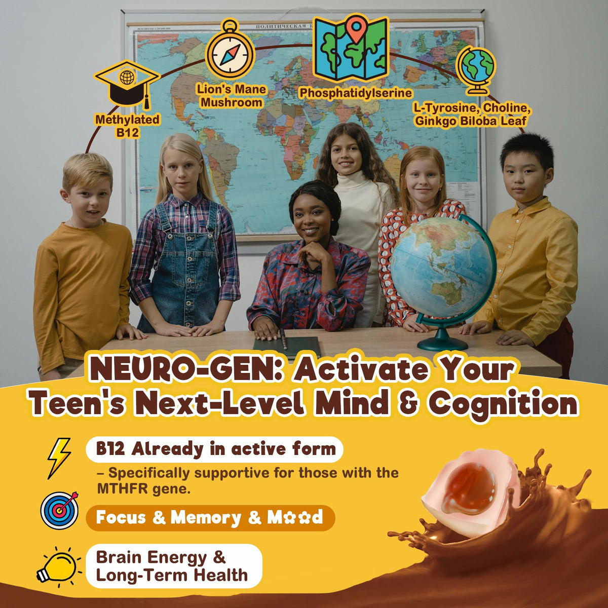 Gummies NEVISS présentées avec un arrière-plan scolaire