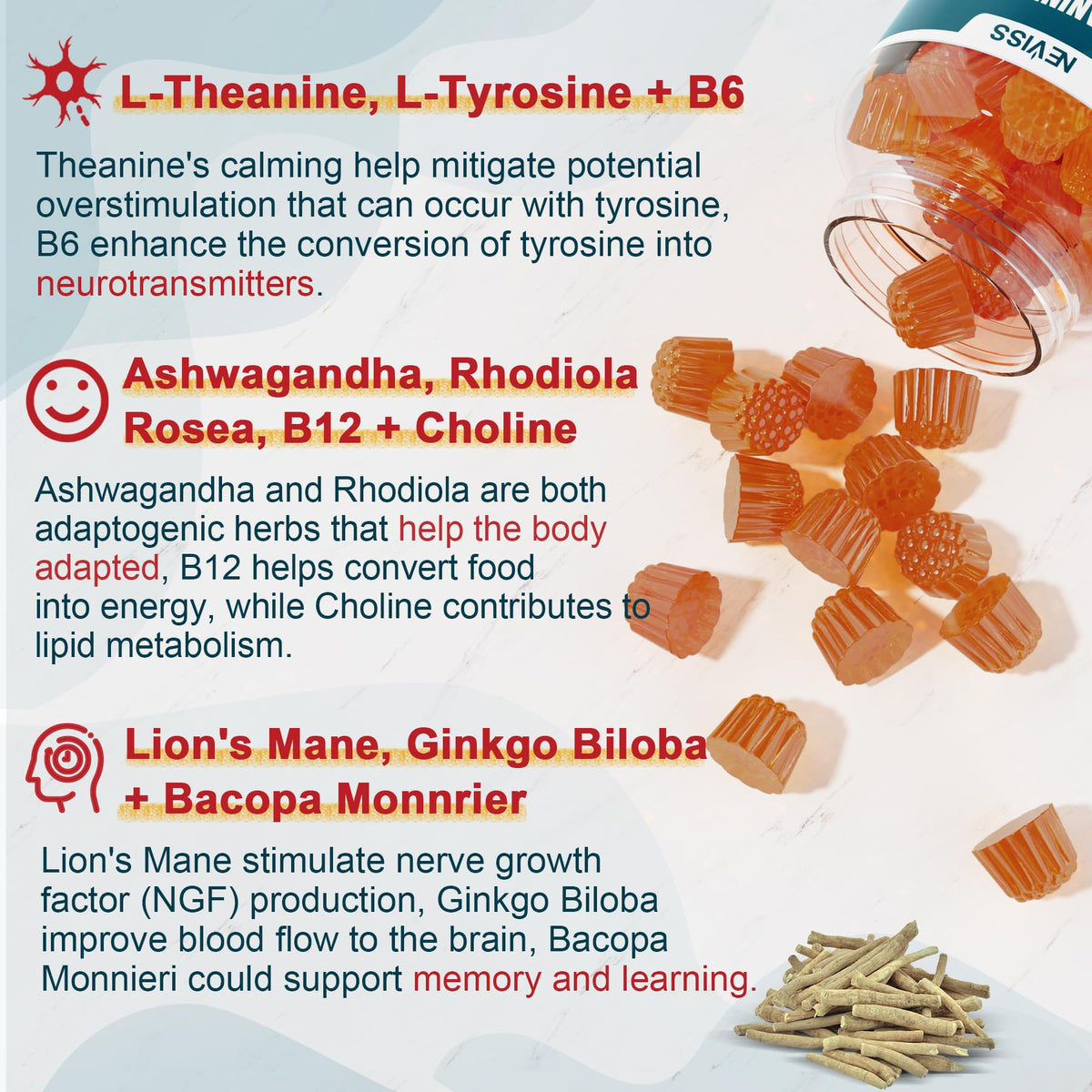 Gummies NEVISS sur une table avec fruits en arrière-plan