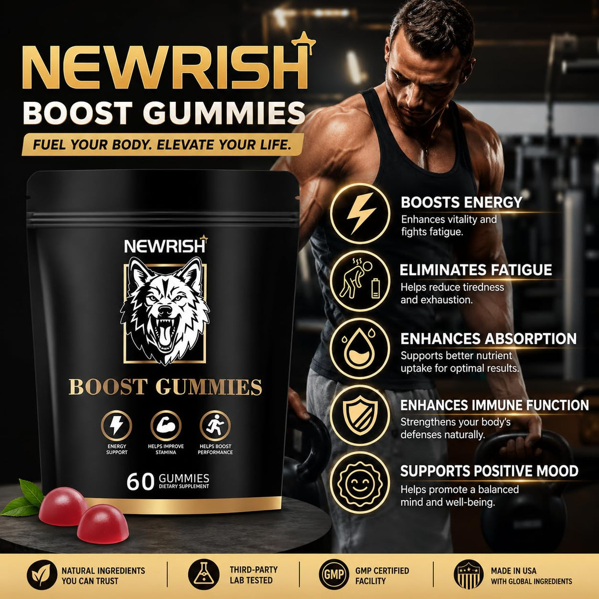 Gummies Newrish, présentation des gummies sur une table