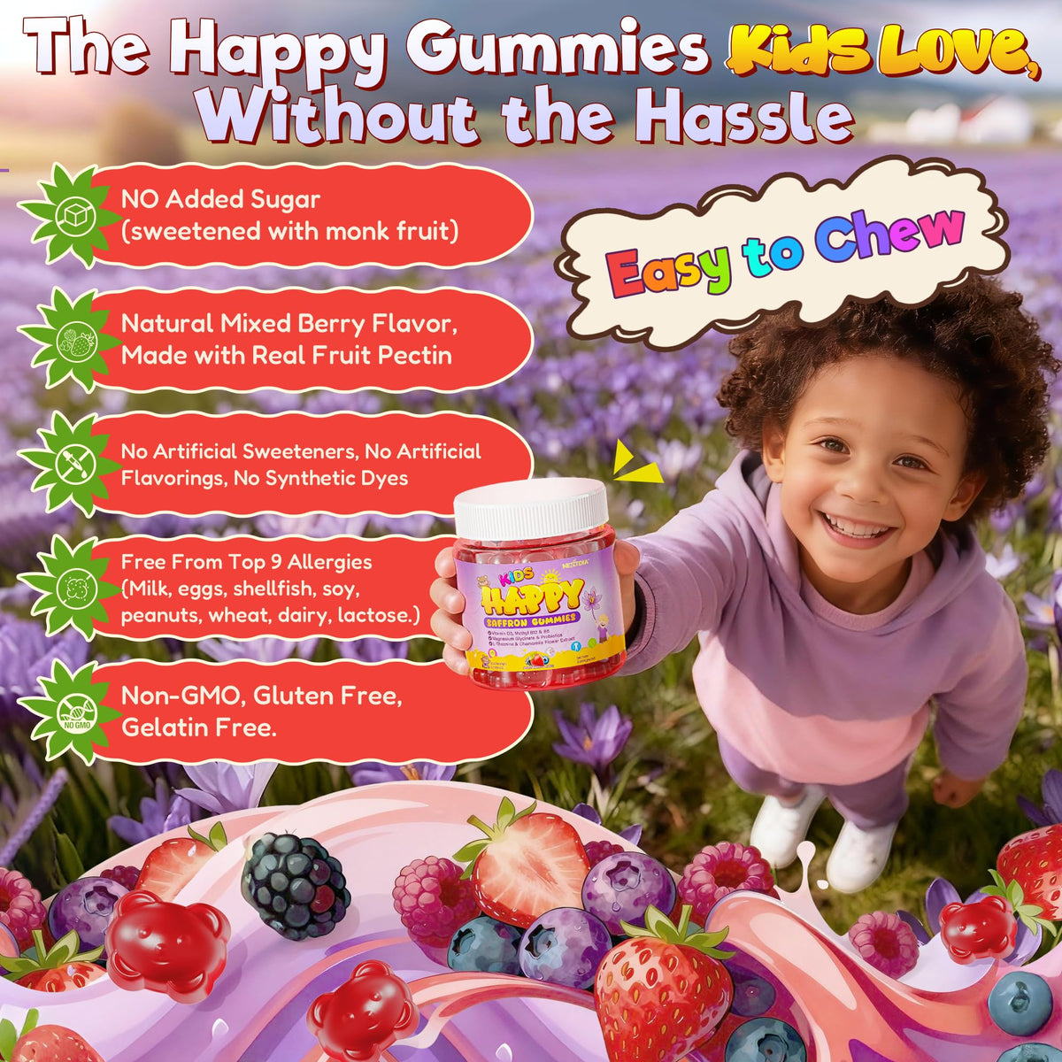 Gummies Nextdia au safran, à côté d'une tasse de lait