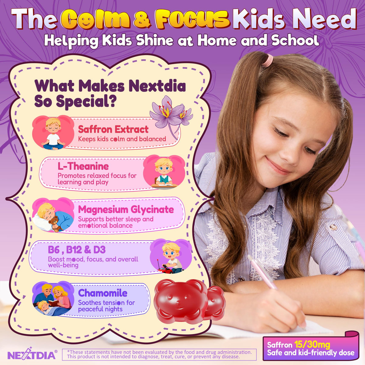 Gummies Nextdia au safran pour enfants, présentation sur une table