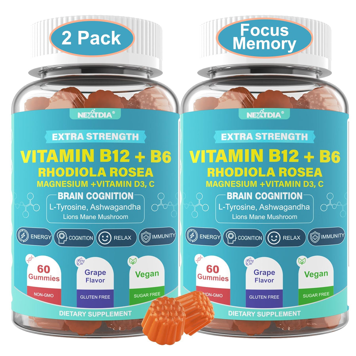 Gummies Nextdia Mémoire & Énergie L-Tyrosine B12 1000mcg vue avant