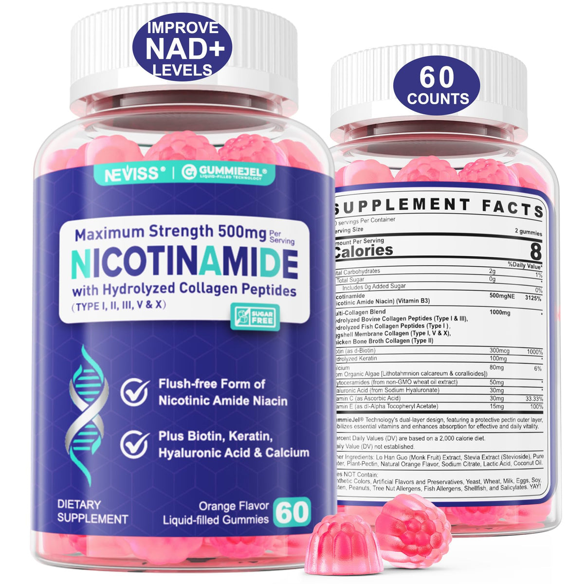 Gummies Nicotinamide 500mg NEVISS bouteille vue de face