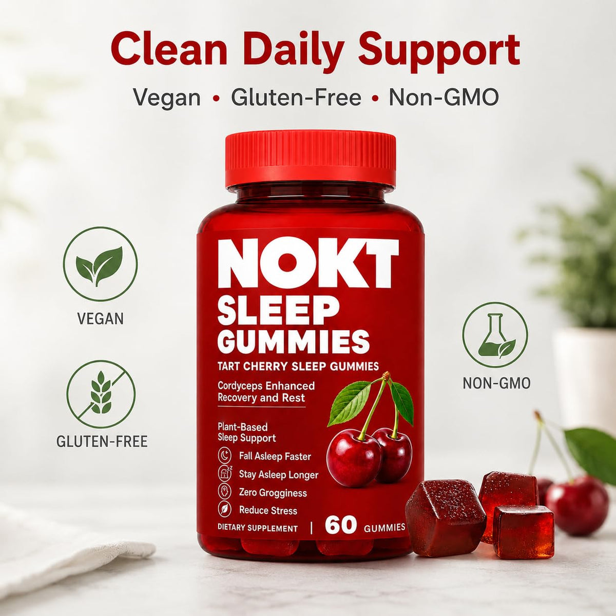 Gummies Nokt Sleep avec des cerises acides en arrière-plan