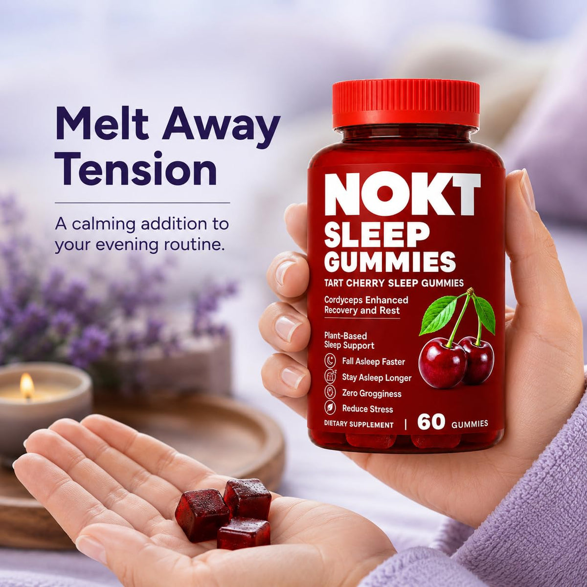 Gummies Nokt Sleep sur une table, ambiance bien-être