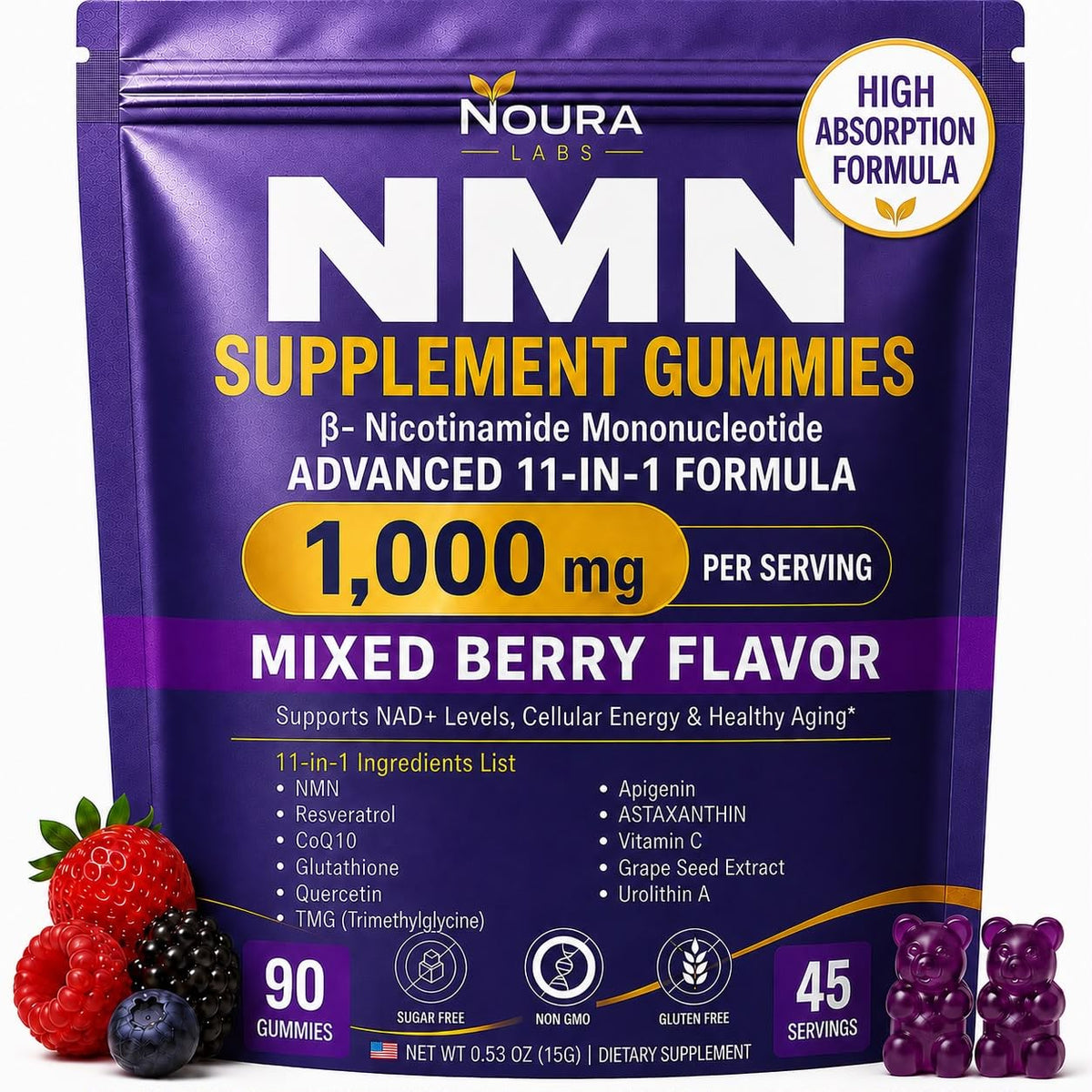 Gummies Noura Labs 1000 mg saveur fruits rouges, vue de face