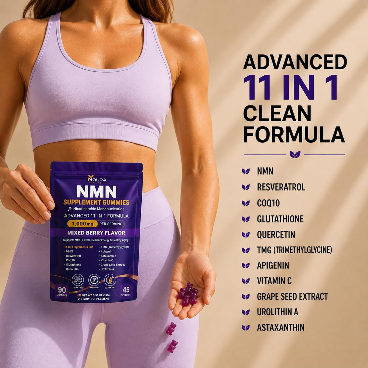 Gummies Noura Labs 1000 mg sur une table, présentation de produit