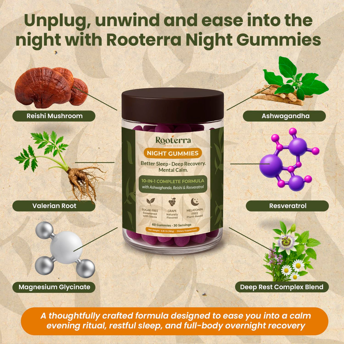 Gummies Nuit Rooterra Inner Bloom, présentation sur une table