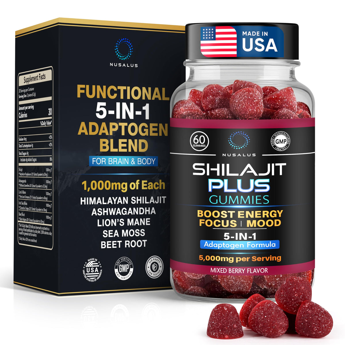 Gummies Nusalus Shilajit Plus 5-en-1 en boîte, 60 pièces