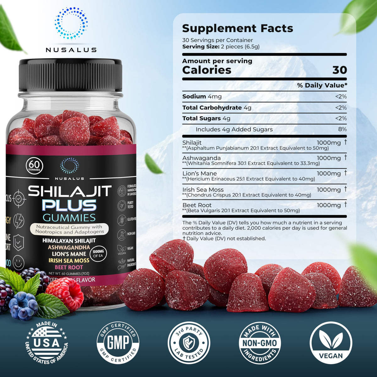 Gummies Nusalus Shilajit Plus 5-en-1, mise en scène sur une table