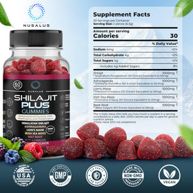 Gummies Nusalus Shilajit Plus 5-en-1, mise en scène sur une table