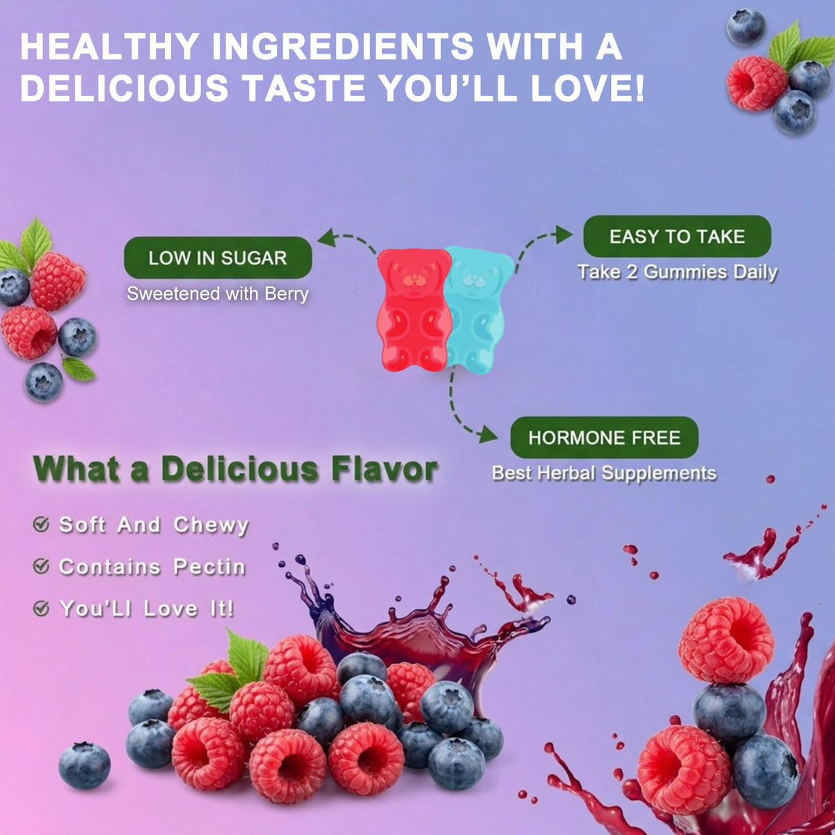 Gummies NutraNourish avec des baies fraîches en arrière-plan