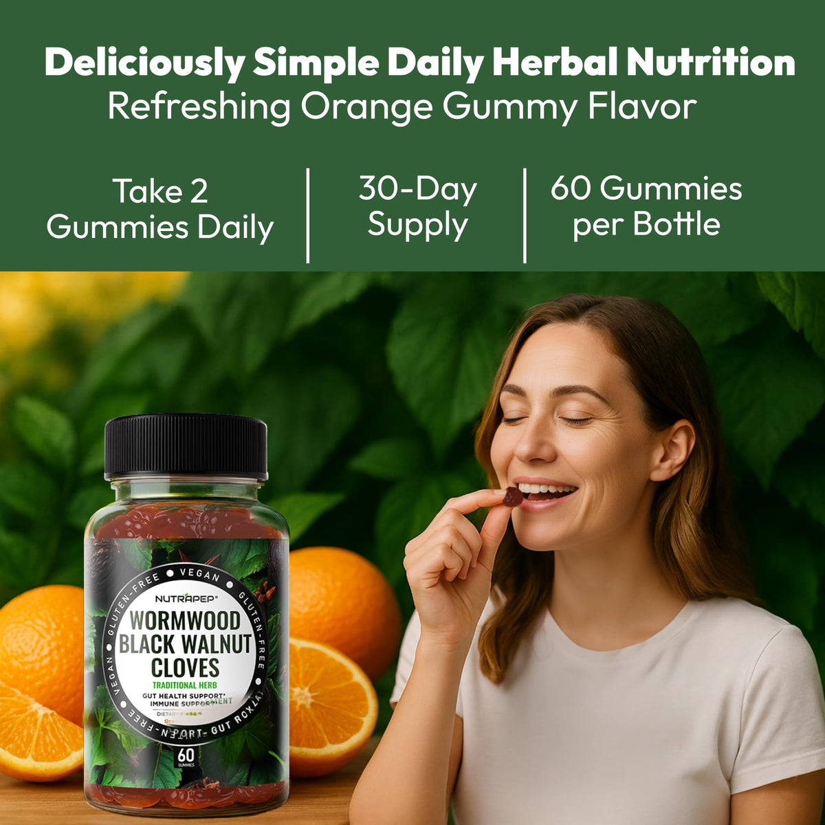 Gummies NutraPep au Verger de Vermouther, Noix Noires et Clous de Girofle, avec étiquette visible