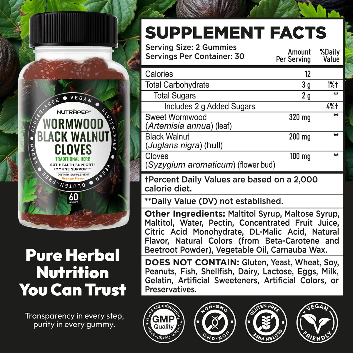 Gummies NutraPep au Verger de Vermouther, Noix Noires et Clous de Girofle, sur fond blanc
