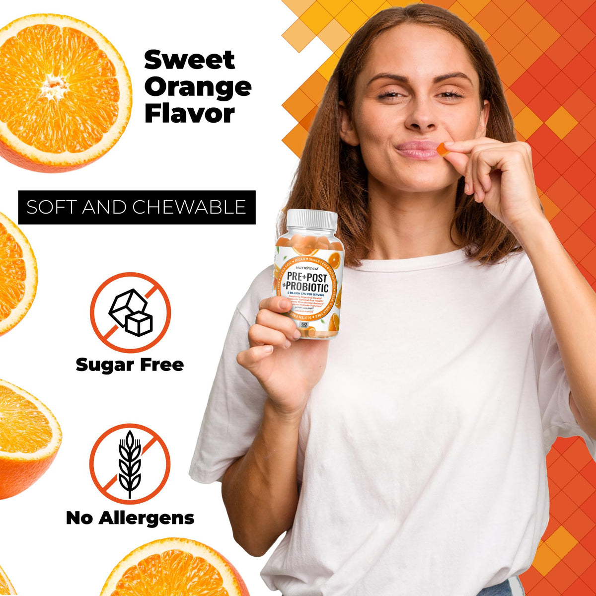 Gummies NutraPep prébiotiques et probiotiques avec un verre d'eau