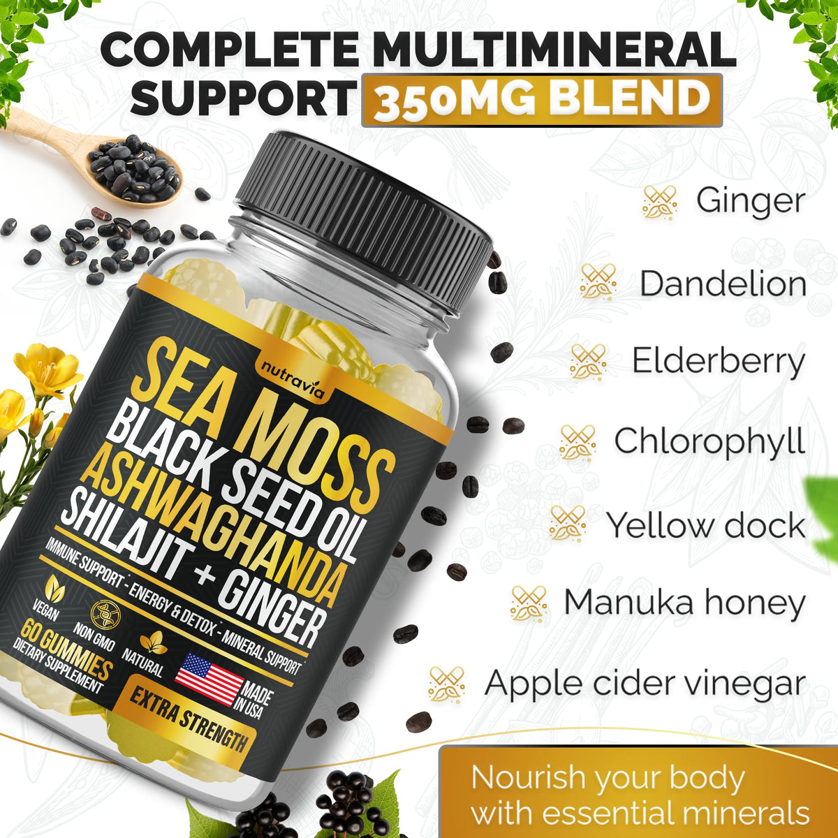 Gummies Nutravia au mousse de mer avec une cuillère