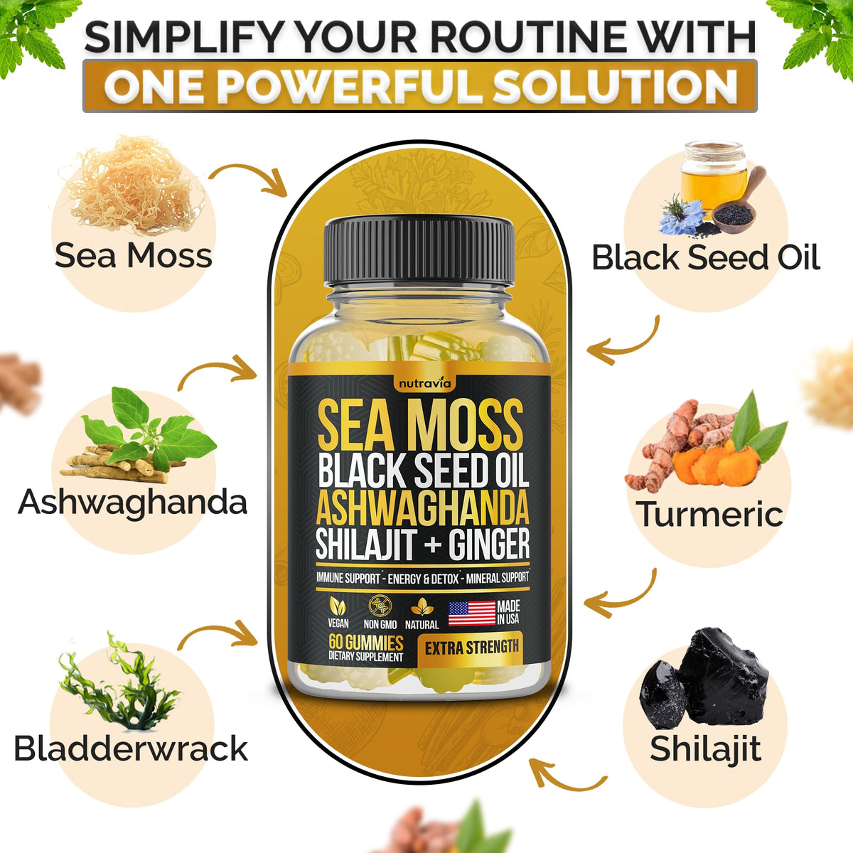 Gummies Nutravia sur une table avec des fruits et des herbes