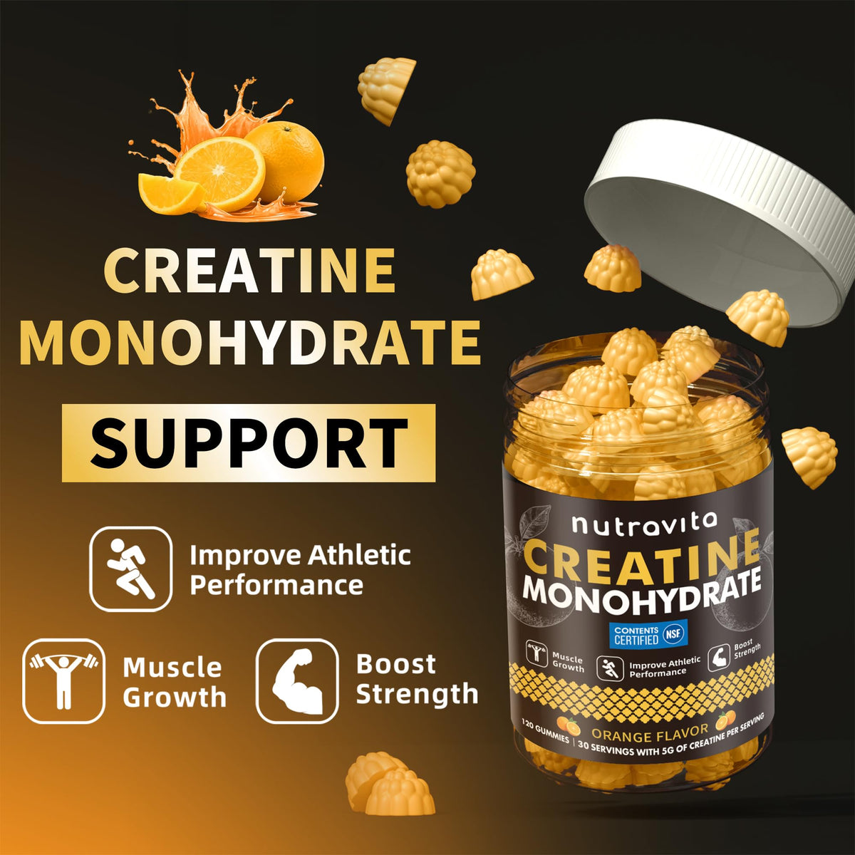 Gummies Nutravita créatine monohydrate avec une main