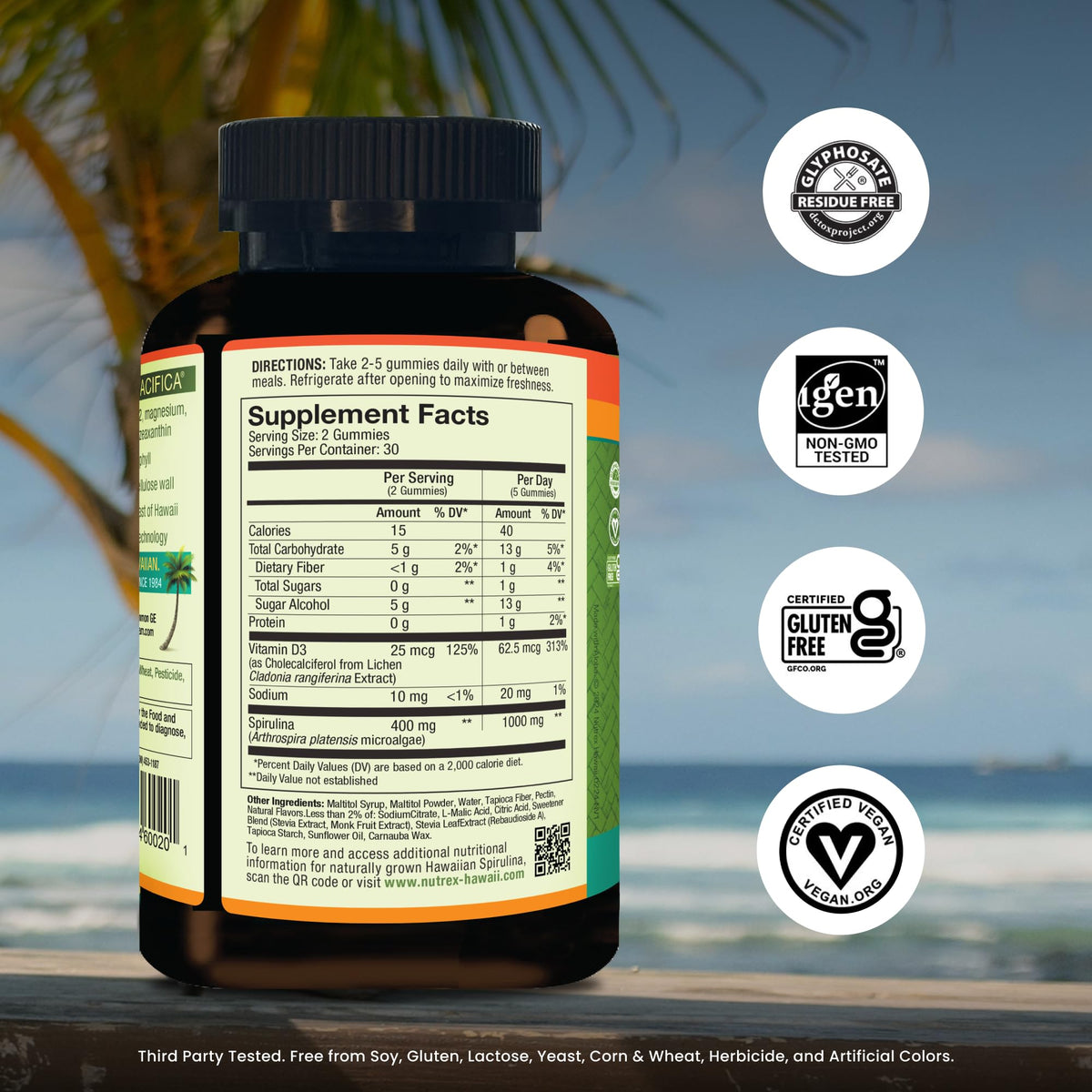 Gummies Nutrex Hawaii Spiruline, vue de côté avec étiquette