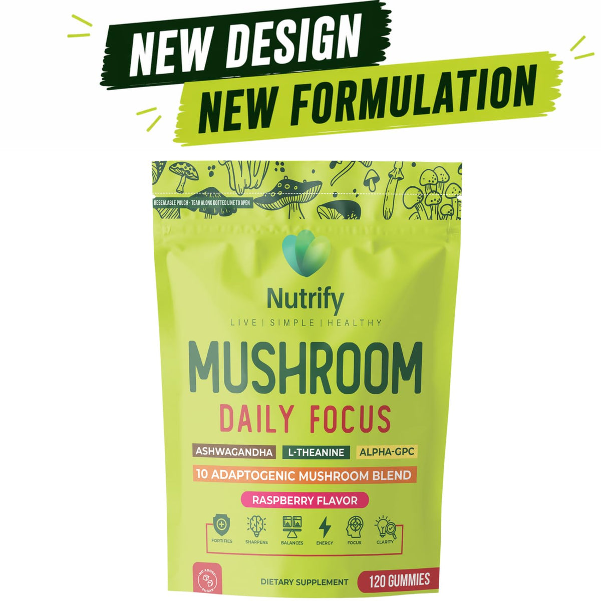 Gummies Nutrify avec des champignons sur fond blanc
