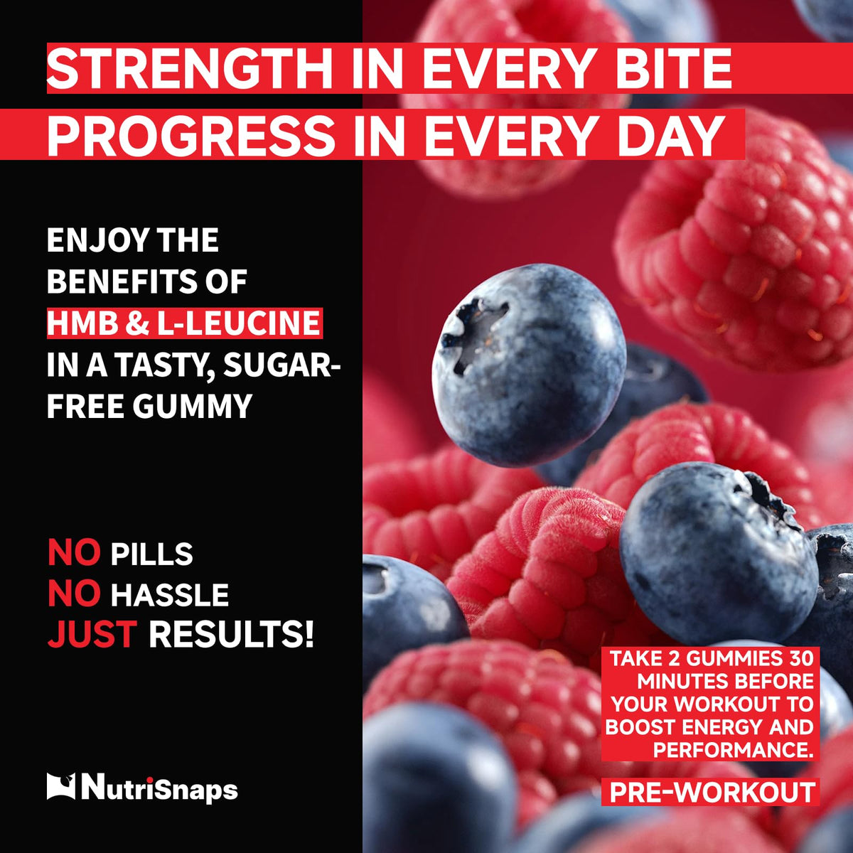 Gummies Nutrisnaps HMB et Leucine avec un verre d'eau