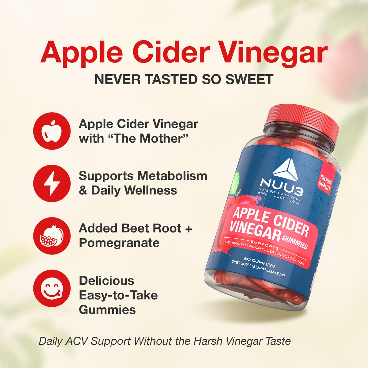 Gummies NUU3 au vinaigre de cidre de pomme, pot ouvert avec gummies visibles
