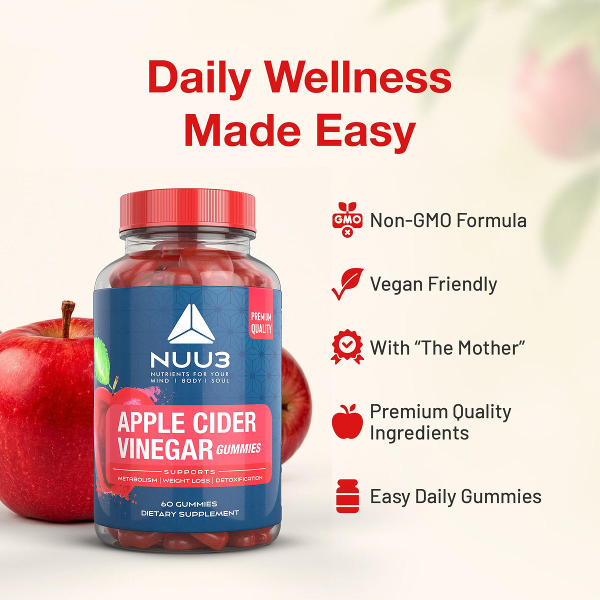 Gummies NUU3 au vinaigre de cidre de pomme, vue de côté