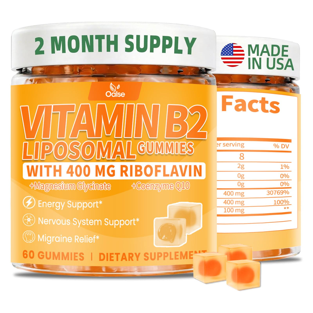 Gummies OALSE de Vitamine B2 400mg en bouteille vue de face