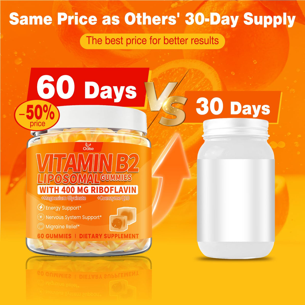 Gummies OALSE de Vitamine B2 avec un fond d'orange